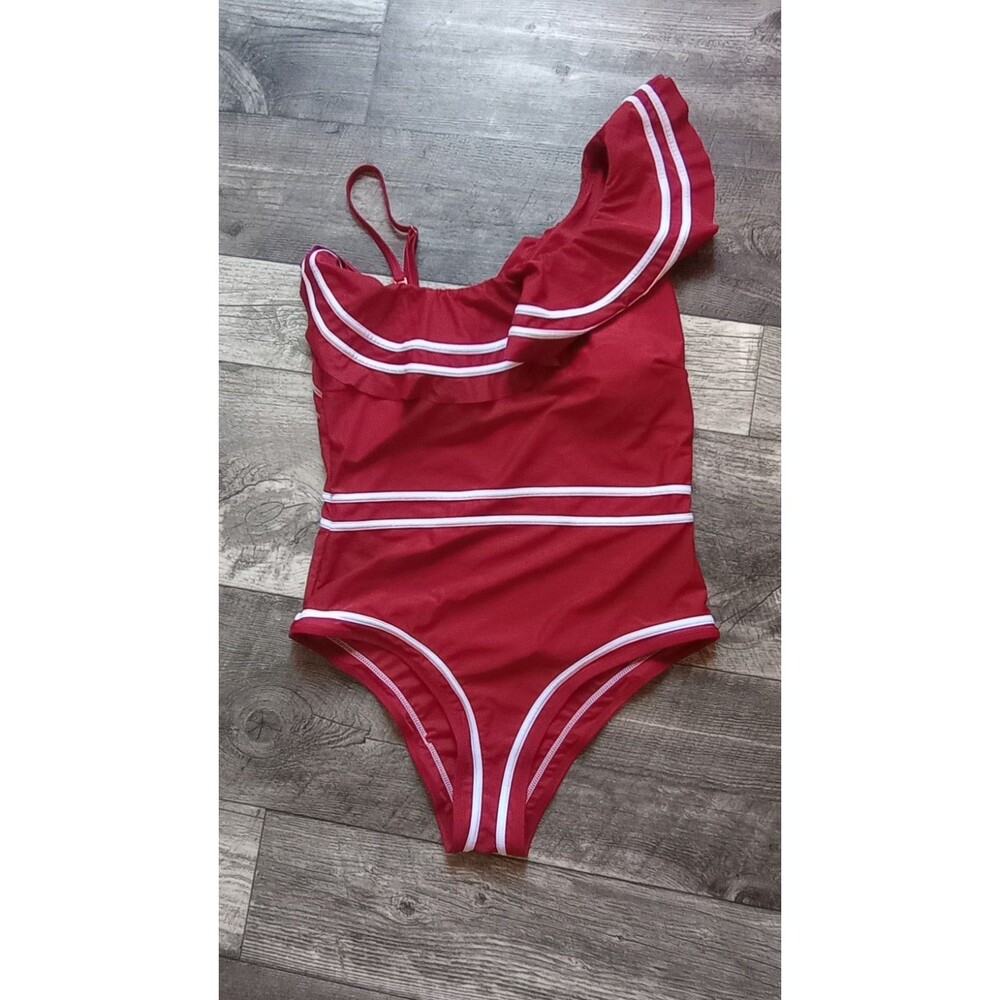 Unknown Label Women's XL Burgundy Swimsuit With White Trim, One Shoulder, NWOT
